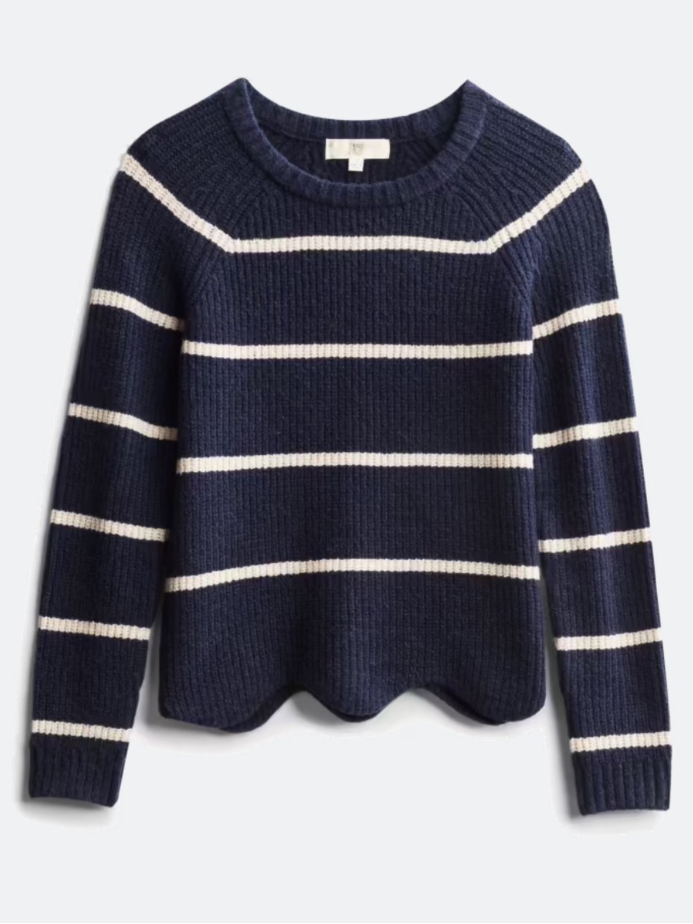 Pinque Lily Cropped Scallop Hem Pullover Sweater - Navy with Cream Stripes